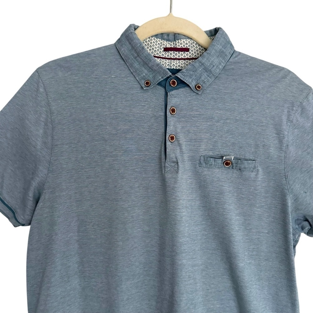 TED BAKER London Blue Button Collar Polo Shirt Pocket Short Sleeve Size L - Picture 3 of 13